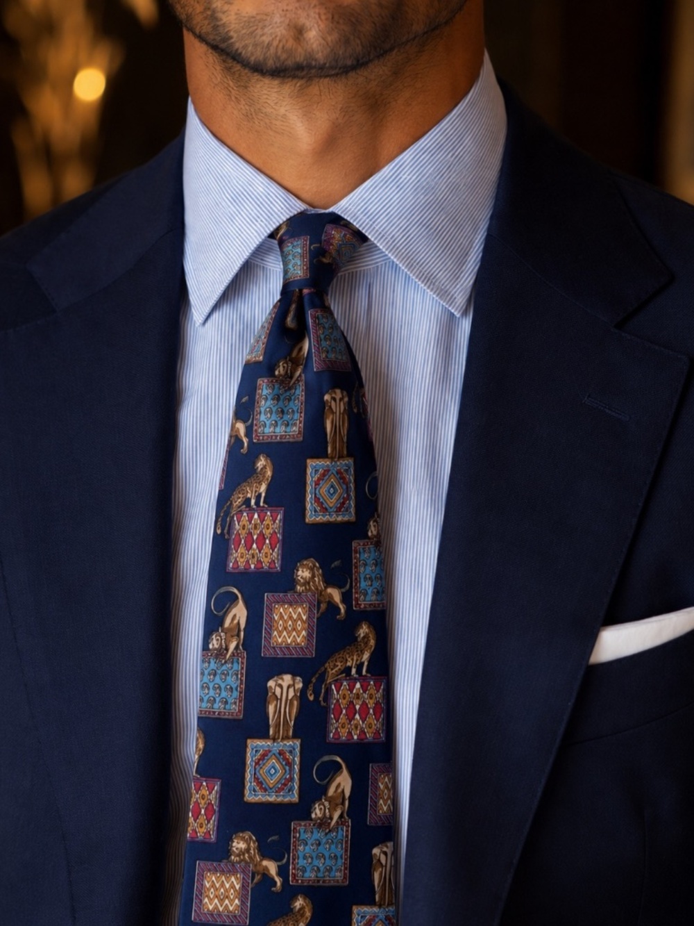 Salvatore Ferragamo Navy Silk Tie Safari Animal Medallion Print